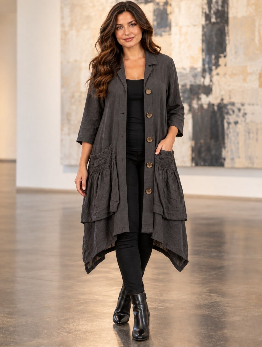 For Cynthia Charcoal Asymmetrical Linen Blend Lagenlook Boho Jacket / Dress